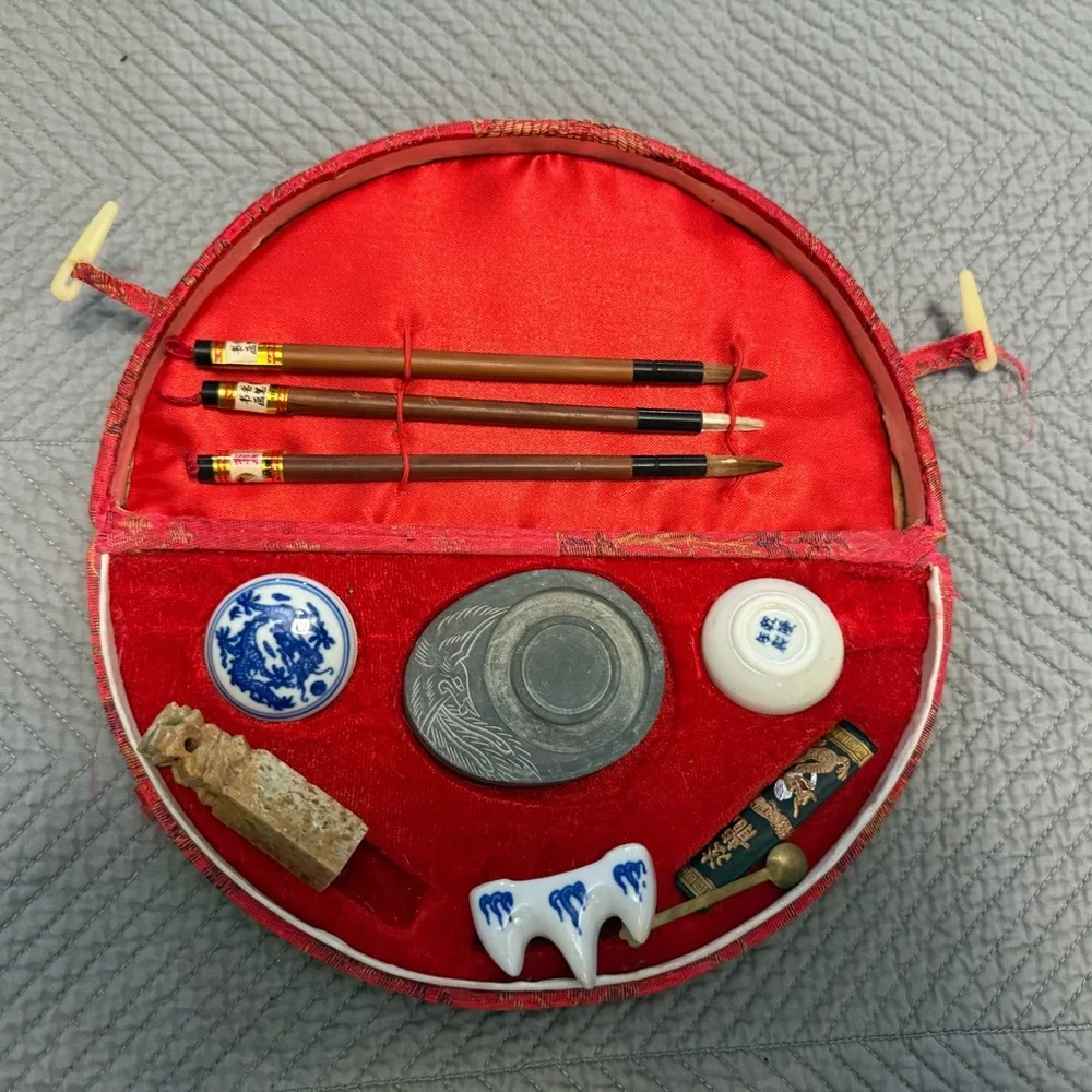 Vintage Chinese Calligraphy Set: 3 Bamboo Brushes, Ink Stick, Porcelain Bowls